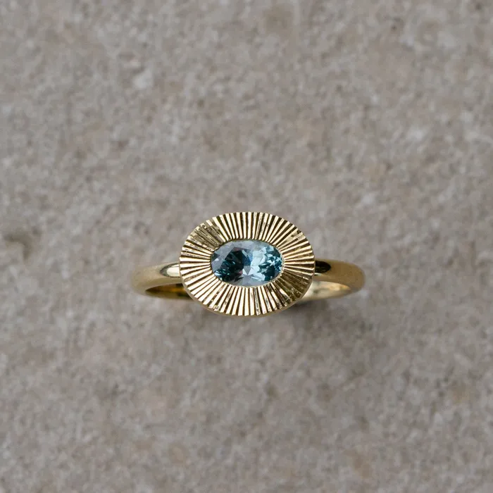 Rings 6x4mm EastWest Oval Aurora Ring Montana Sapphire in Yellow Gold Corey Egan