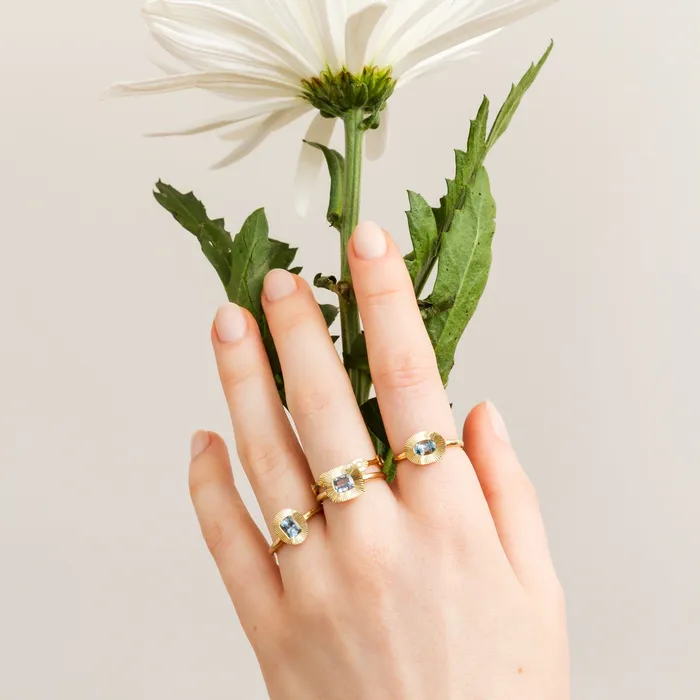 Rings 6x4mm EastWest Oval Aurora Ring Montana Sapphire in Yellow Gold Corey Egan