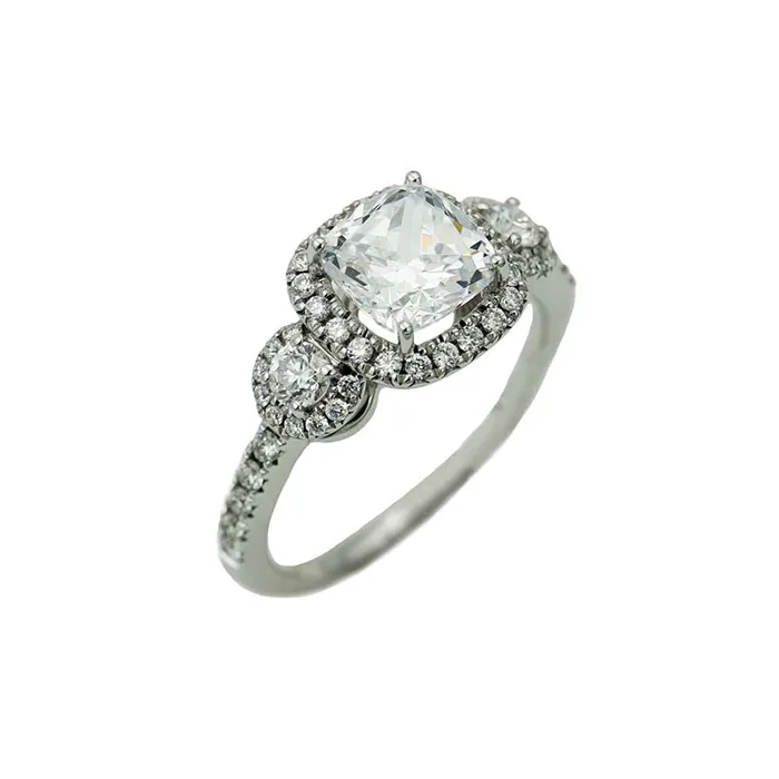 Rings CLASSIQUE CREATIONS 14K White Gold Three Stone Cushion Diamond Engagement Ring with Diamond Halo Rings CLASSIQUE CREATIONS 14K White Gold Three Stone Cushion Diamond Engagement Ring with Diamond Halo