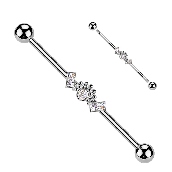 Rings Double Baguette CZ Ends With Round CZ Centre Industrial Barbell Silver Glitters