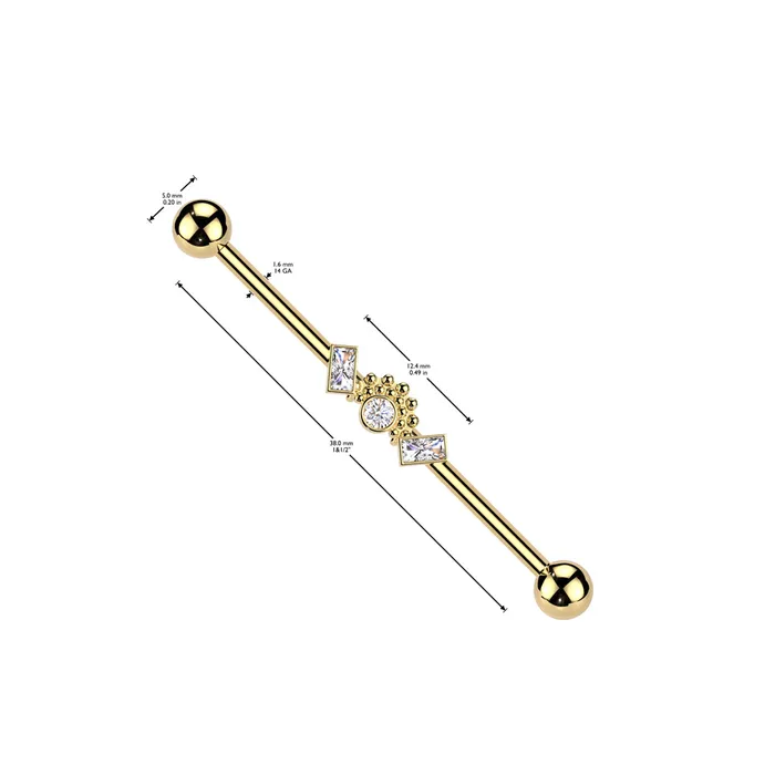 Rings Double Baguette CZ Ends With Round CZ Centre Industrial Barbell Silver Glitters
