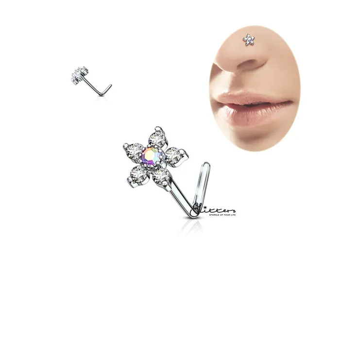 Rings Glitters 316L Surgical Steel with 6 CZ Flower L Bend Nose Stud Ring