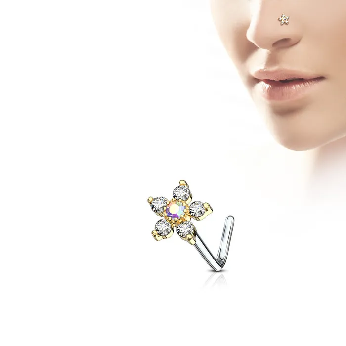 Rings Glitters 316L Surgical Steel with 6 CZ Flower L Bend Nose Stud Ring