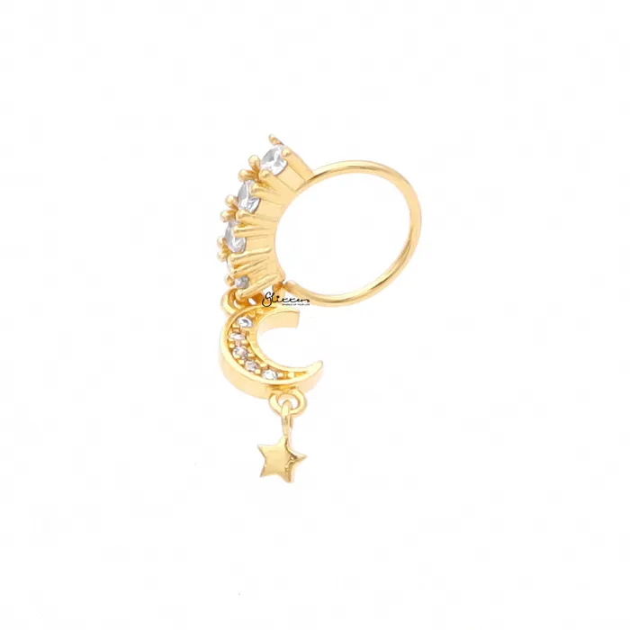 Rings Glitters CZ Hoop Nose Ring with Dangle CZ Moon and Star Gold