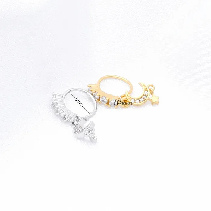 Rings Glitters CZ Hoop Nose Ring with Dangle CZ Moon and Star Gold