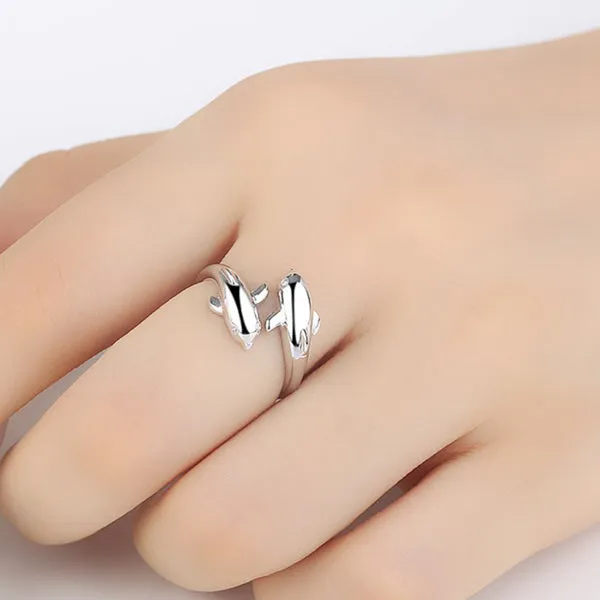 Rings Glitters Sterling Silver Double Dolphins Opening Adjustable Ring