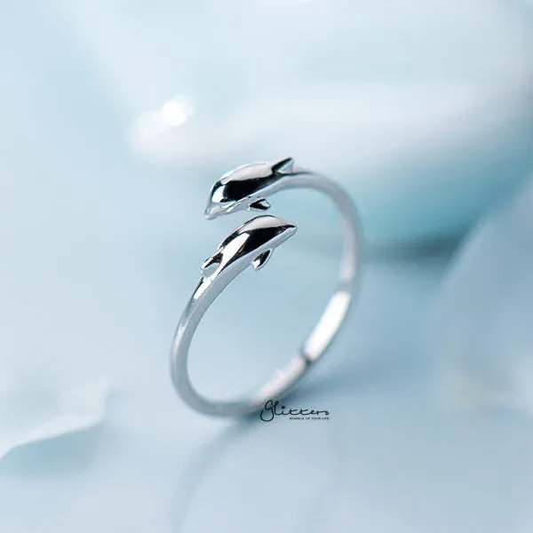 Rings Glitters Sterling Silver Double Dolphins Opening Adjustable Ring