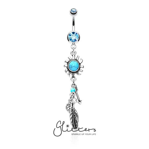 Rings Glitters Turquoise Centered Tribal Sun with Feather and Arrows Dangle Double Gem Belly Ring Rings Glitters Turquoise Centered Tribal Sun with Feather and Arrows Dangle Double Gem Belly Ring