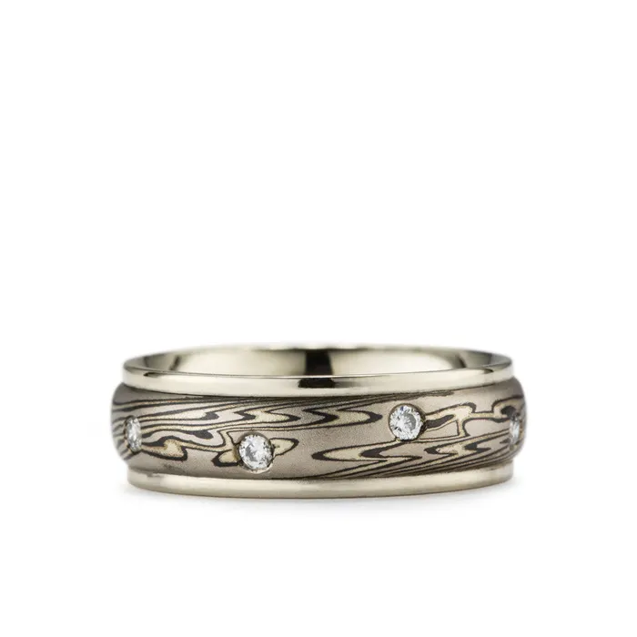 Rings Michael Daniels White Gold Mokume Band with Rails Michael Daniels