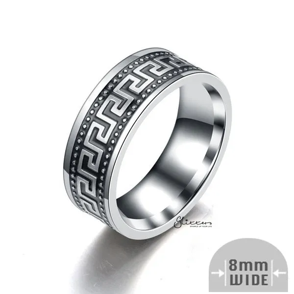 Rings Stainless Steel Greek Key Band Ring 8mm Wide Glitters