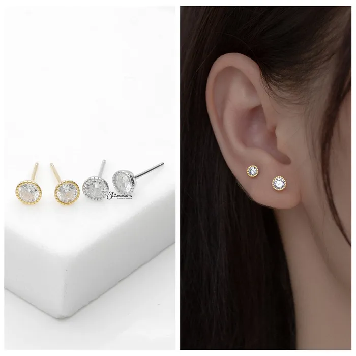 Round CZ Martini Stud Earrings Silver Glitters Earrings