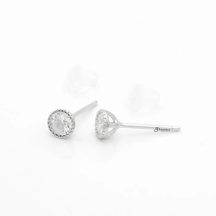 Round CZ Martini Stud Earrings Silver Glitters Earrings