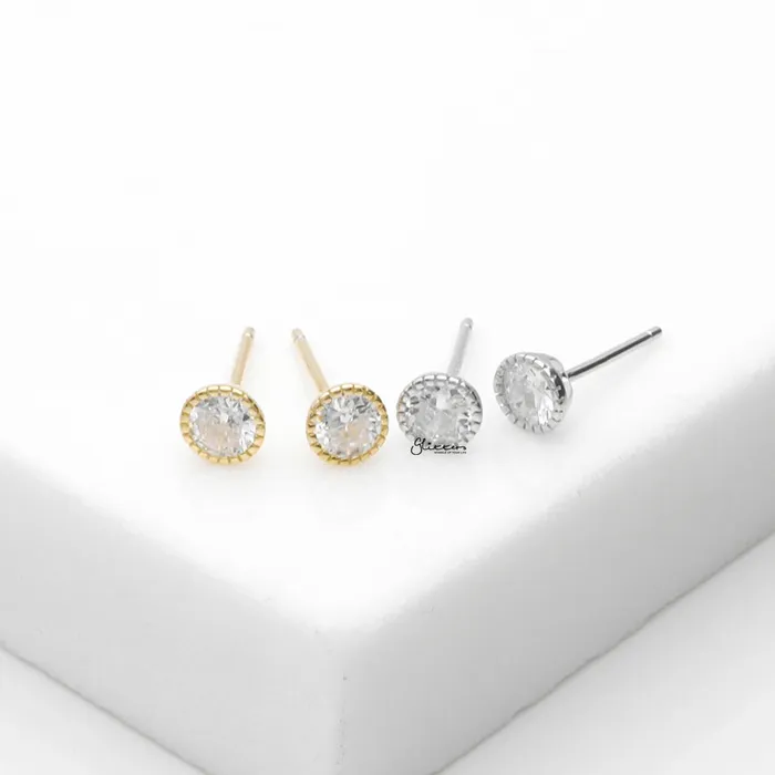 Round CZ Martini Stud Earrings Silver Glitters Earrings