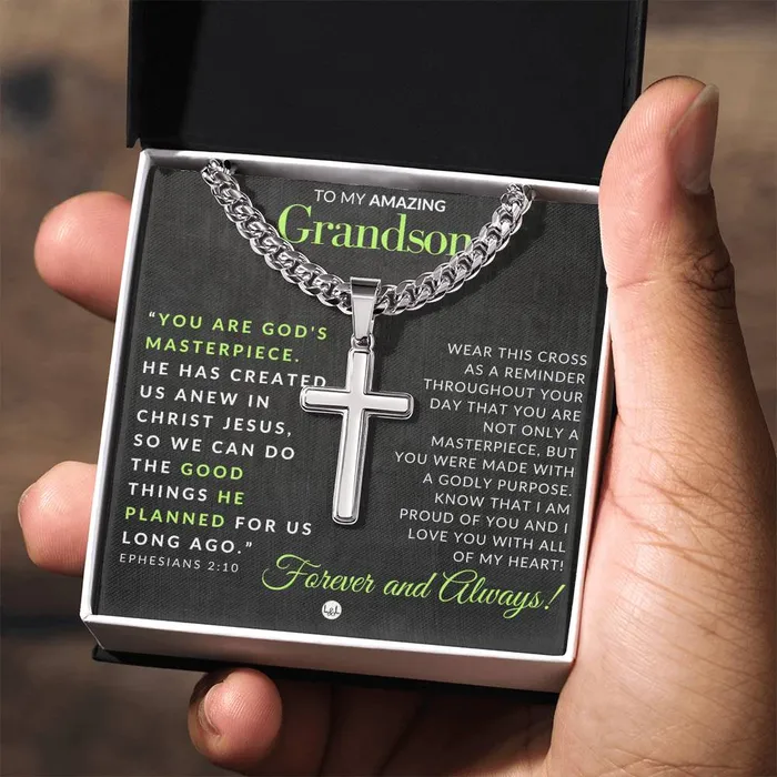 ShineOn Fulfillment Grandson Gift Ephesians 210 Christian Encouragement Christian Cross Pendant on Mens Chain Necklace Great for Christmas His Birthday Baptism or Confirmation Necklaces