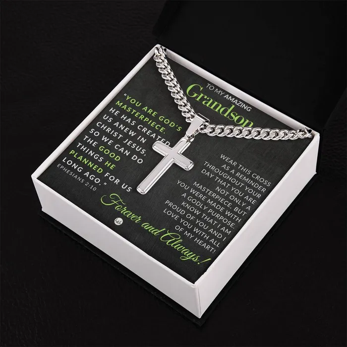 ShineOn Fulfillment Grandson Gift Ephesians 210 Christian Encouragement Christian Cross Pendant on Mens Chain Necklace Great for Christmas His Birthday Baptism or Confirmation Necklaces