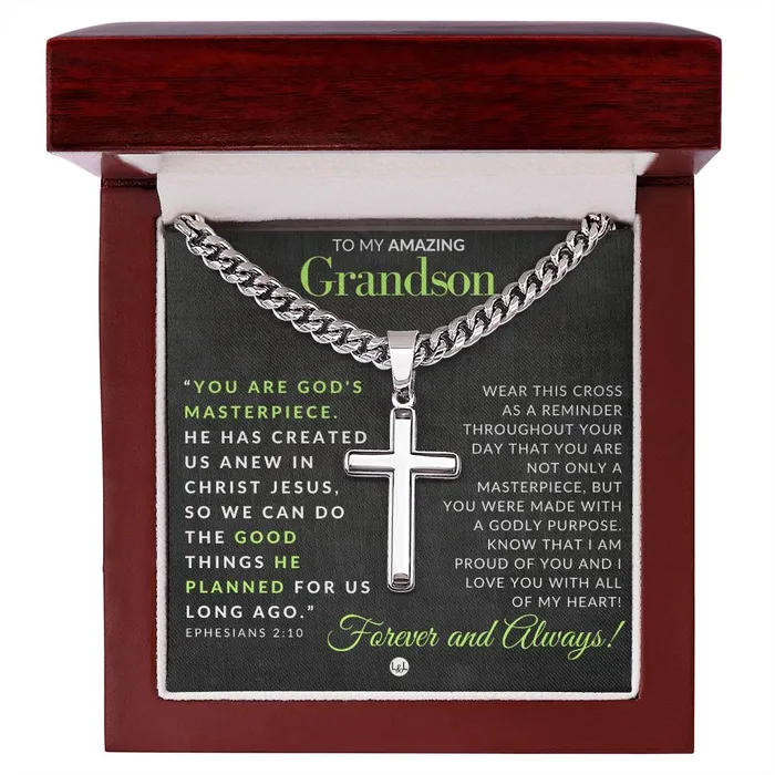 ShineOn Fulfillment Grandson Gift Ephesians 210 Christian Encouragement Christian Cross Pendant on Mens Chain Necklace Great for Christmas His Birthday Baptism or Confirmation Necklaces