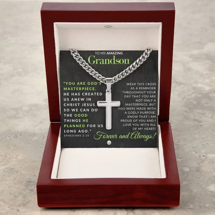 ShineOn Fulfillment Grandson Gift Ephesians 210 Christian Encouragement Christian Cross Pendant on Mens Chain Necklace Great for Christmas His Birthday Baptism or Confirmation Necklaces
