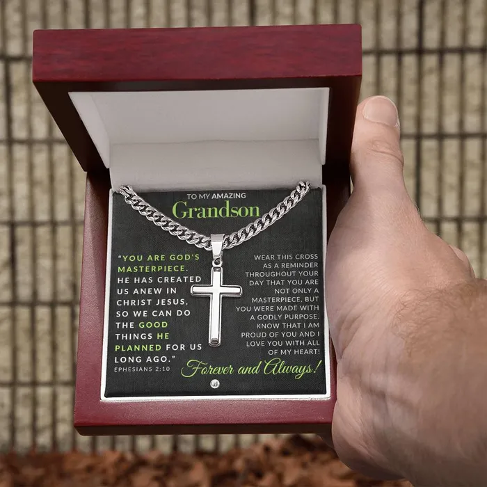 ShineOn Fulfillment Grandson Gift Ephesians 210 Christian Encouragement Christian Cross Pendant on Mens Chain Necklace Great for Christmas His Birthday Baptism or Confirmation Necklaces