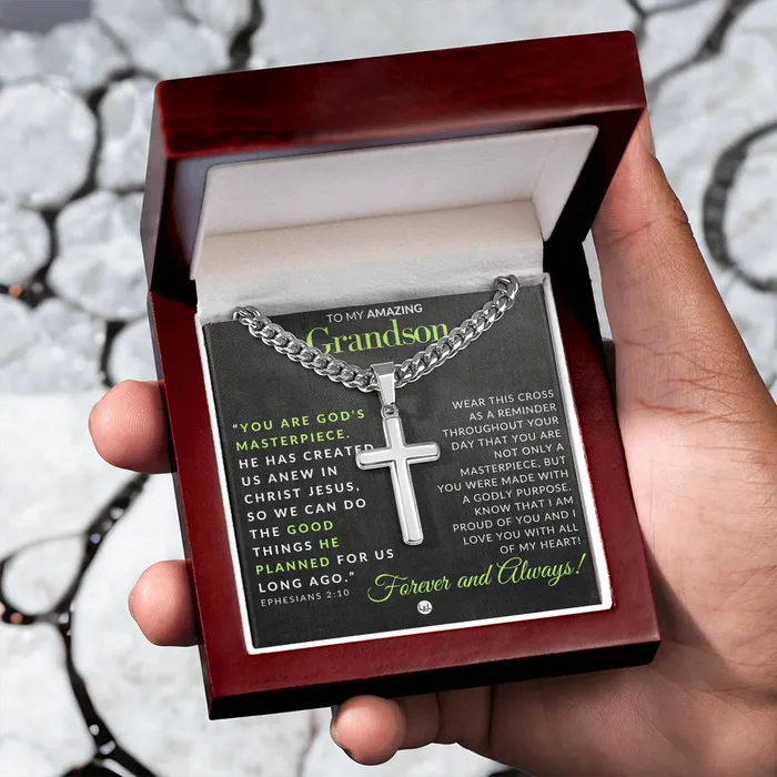 ShineOn Fulfillment Grandson Gift Ephesians 210 Christian Encouragement Christian Cross Pendant on Mens Chain Necklace Great for Christmas His Birthday Baptism or Confirmation Necklaces
