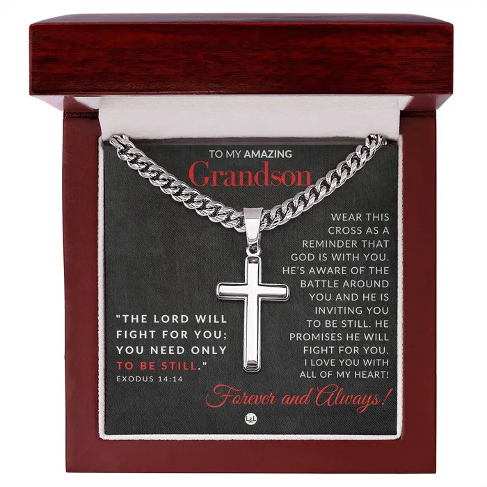 ShineOn Fulfillment Necklaces Grandson Gift Exodus 1414 Christian Encouragement Christian Cross Pendant on Mens Chain Necklace Great for Christmas His Birthday Baptism or Confirmation