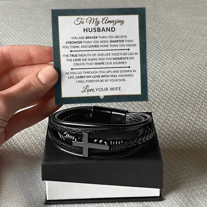Special Gift For My Husband From Wife Carry My Love With You Mens Braided Leather Bracelet with Cross Great Christmas Gift Valentines Day Anniversary or Birthday Present For Him ShineOn Fulfillment Bracelets