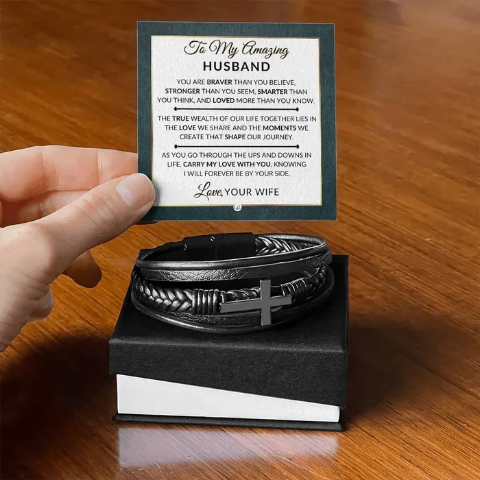 Special Gift For My Husband From Wife Carry My Love With You Mens Braided Leather Bracelet with Cross Great Christmas Gift Valentines Day Anniversary or Birthday Present For Him ShineOn Fulfillment Bracelets