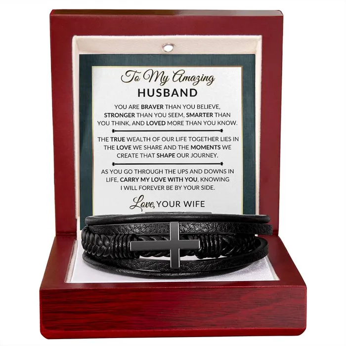 Special Gift For My Husband From Wife Carry My Love With You Mens Braided Leather Bracelet with Cross Great Christmas Gift Valentines Day Anniversary or Birthday Present For Him ShineOn Fulfillment Bracelets