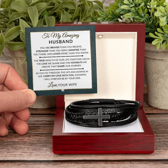 Special Gift For My Husband From Wife Carry My Love With You Mens Braided Leather Bracelet with Cross Great Christmas Gift Valentines Day Anniversary or Birthday Present For Him ShineOn Fulfillment Bracelets