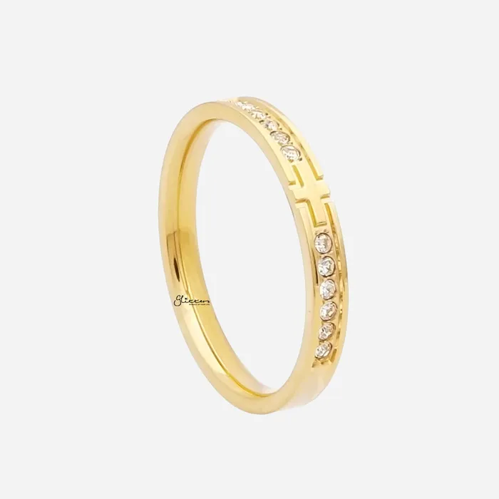 Stainless Steel Cross Ring with CZs Gold Glitters Rings