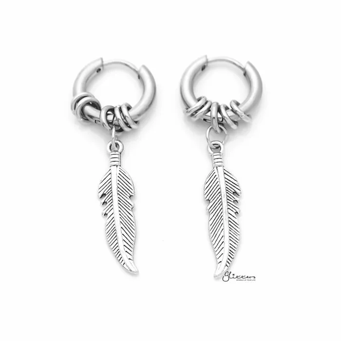 Stainless Steel Huggie Hoop Earrings with Drop Feather and Rings Silver Glitters Earrings Stainless Steel Huggie Hoop Earrings with Drop Feather and Rings Silver Glitters Earrings