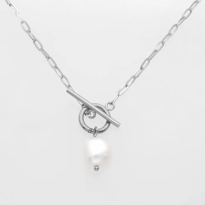 Stainless Steel OT Buckle Chain with Baroque Pearl Charm Silver Glitters Bracelets Stainless Steel OT Buckle Chain with Baroque Pearl Charm Silver Glitters Bracelets