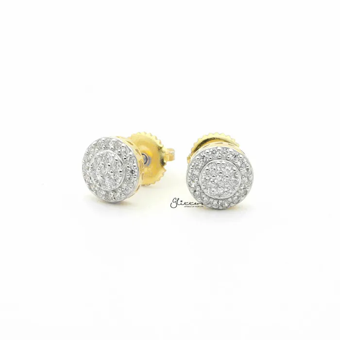 Sterling Silver CZ Paved Round Stud Earrings Glitters Earrings