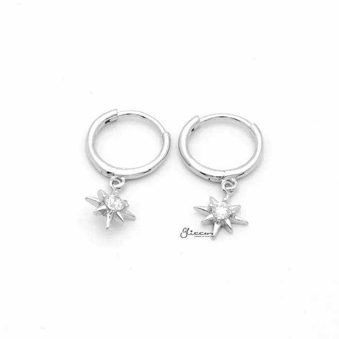 Sterling Silver Huggie Hoop Earrings with Dangle Star Silver Glitters Earrings Sterling Silver Huggie Hoop Earrings with Dangle Star Silver Glitters Earrings