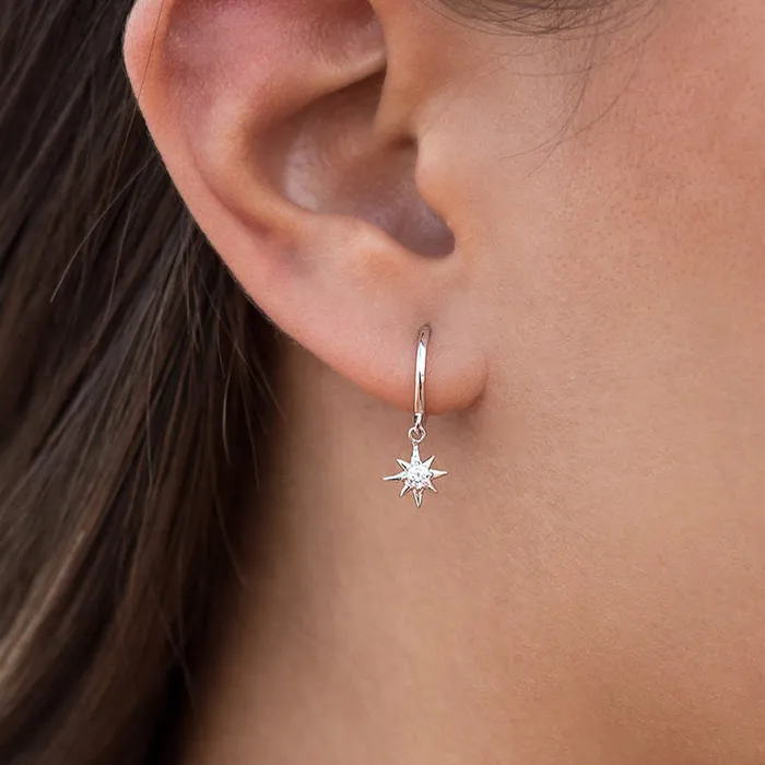 Sterling Silver Huggie Hoop Earrings with Dangle Star Silver Glitters Earrings