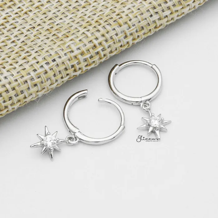 Sterling Silver Huggie Hoop Earrings with Dangle Star Silver Glitters Earrings