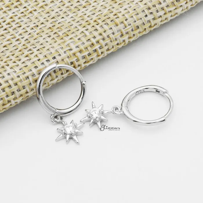 Sterling Silver Huggie Hoop Earrings with Dangle Star Silver Glitters Earrings