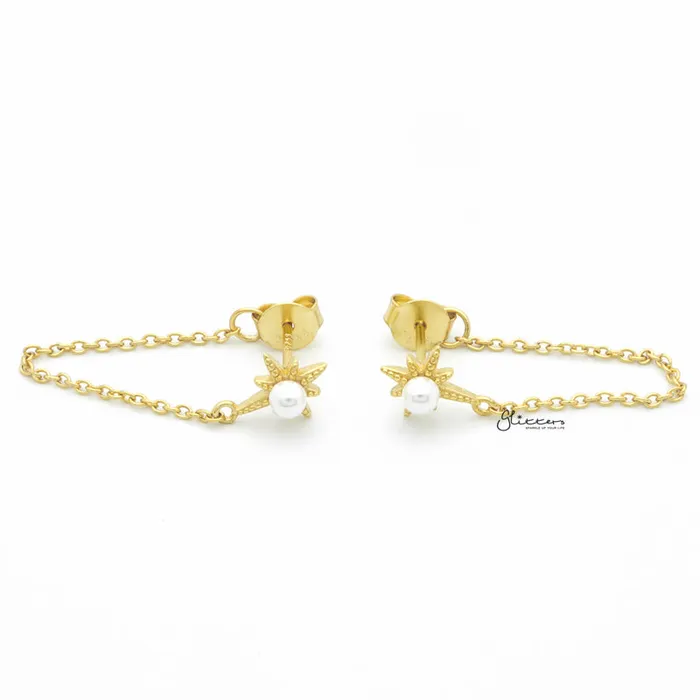 Sterling Silver Star and Pearl Chain Stud Earrings Gold Glitters Earrings