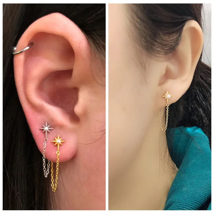 Sterling Silver Star and Pearl Chain Stud Earrings Gold Glitters Earrings