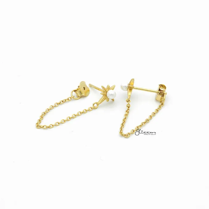 Sterling Silver Star and Pearl Chain Stud Earrings Gold Glitters Earrings