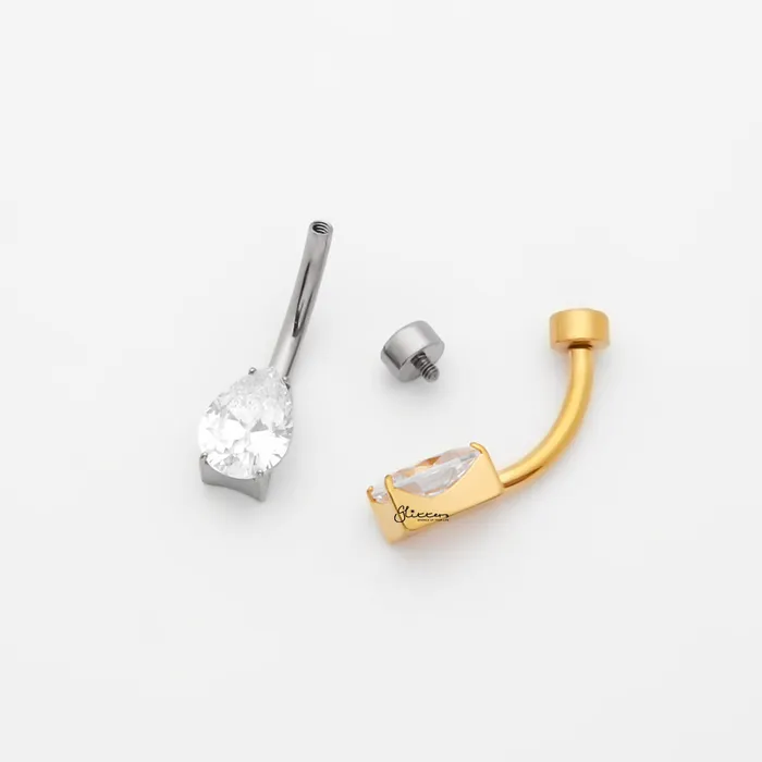 Teardrop CZ Titanium Belly Button Ring Silver Glitters Rings