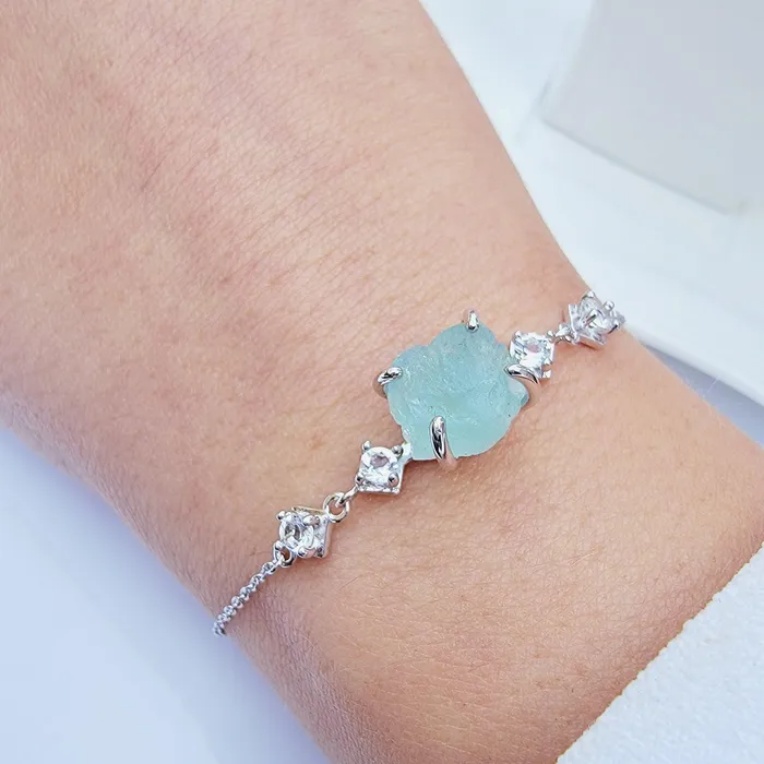 Uniquelan Jewelry Bracelets Raw Aquamarine Chain Bracelet