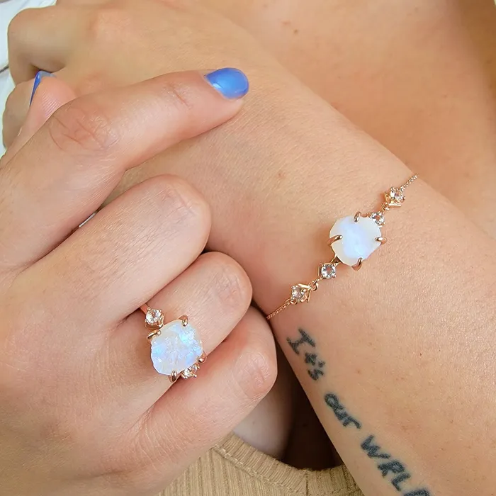 Uniquelan Jewelry Bracelets Raw Moonstone Ring Bracelet Set