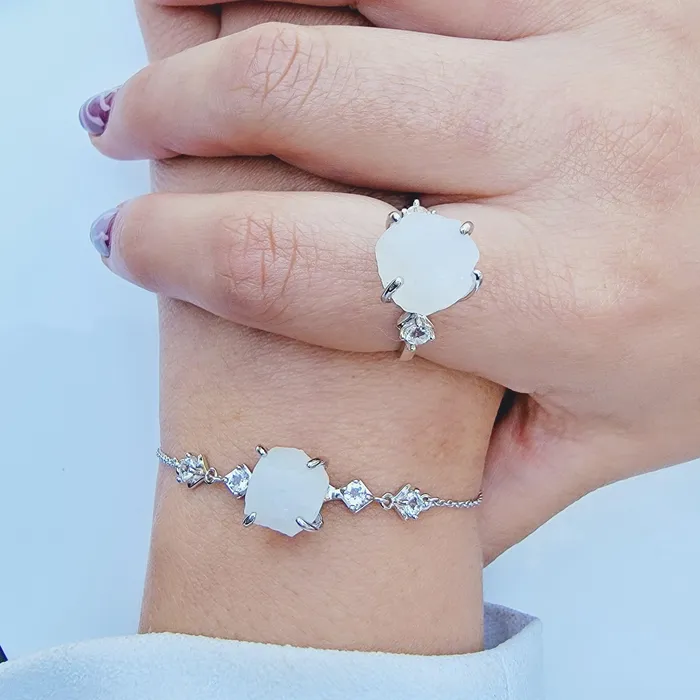 Uniquelan Jewelry Bracelets Raw Moonstone Ring Bracelet Set