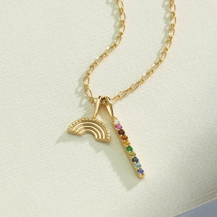 Vertical Natural MultiGemstone Rainbow Bar Pendant Charm 14K Yellow White Rose Gold Vintage Magnality Necklaces