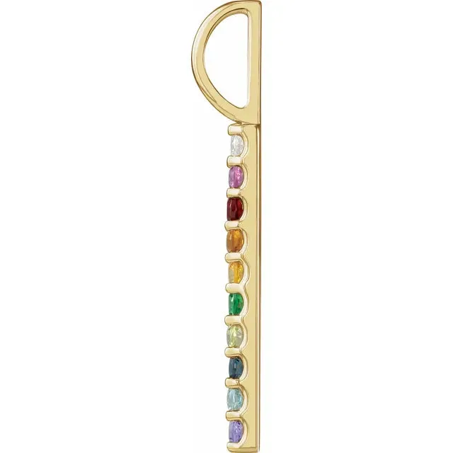Vertical Natural MultiGemstone Rainbow Bar Pendant Charm 14K Yellow White Rose Gold Vintage Magnality Necklaces
