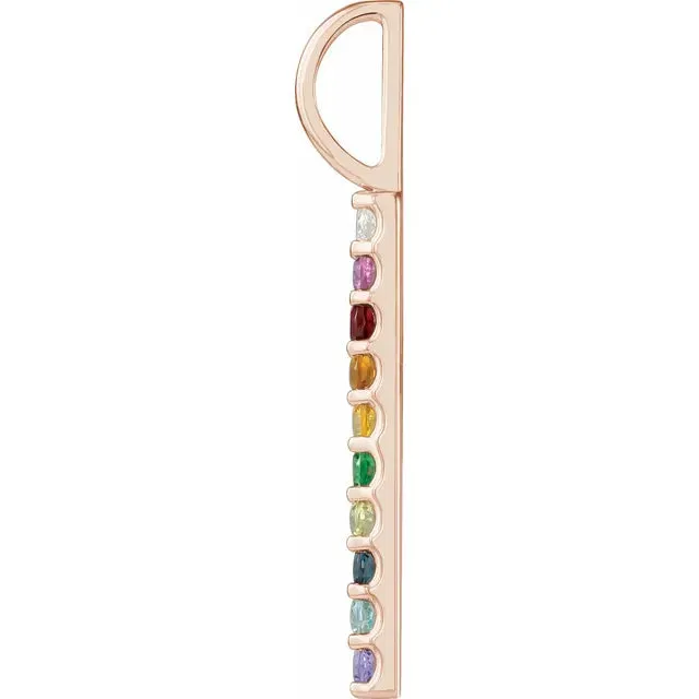 Vertical Natural MultiGemstone Rainbow Bar Pendant Charm 14K Yellow White Rose Gold Vintage Magnality Necklaces