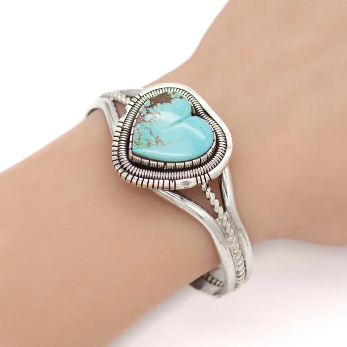 Walter Vandaver Navajo Handmade Sterling Silver Turquoise Heart Cuff Bracelet Crown Jewels Coin Bracelets