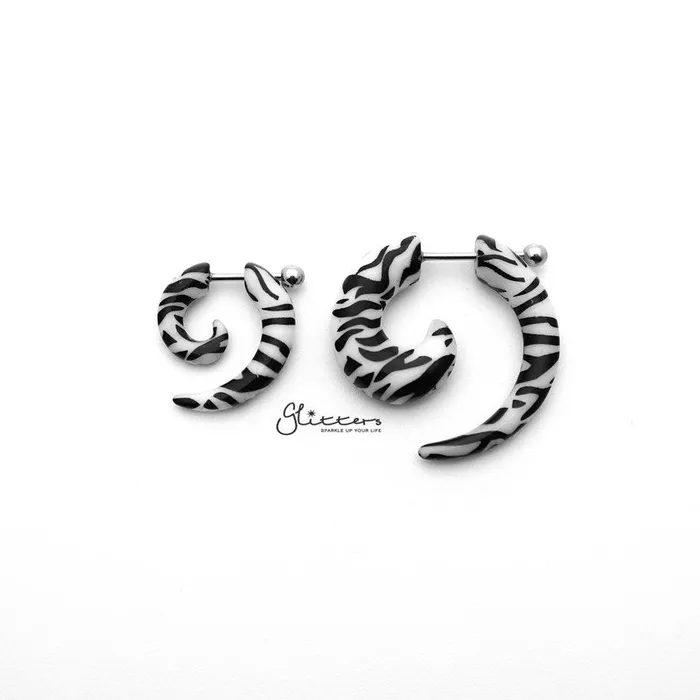 Zebra Acrylic Fake Spiral Ear Taper with Surgical Steel Bar Glitters Earrings