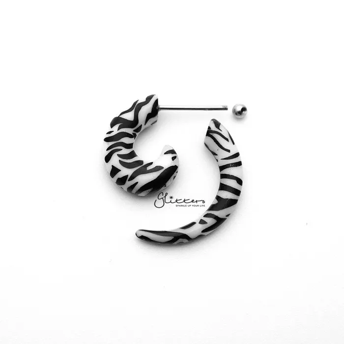 Zebra Acrylic Fake Spiral Ear Taper with Surgical Steel Bar Glitters Earrings